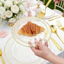 10-50pcs/Set, 7.5 Inch/10.25 Inch Transparent Hammered Gold Rim Plates, Reusable Tableware, Suitable For After-Meal Cleanup, Party, Family Gathering, Various Celebrations, Halloween, Christmas, Valentine's Day, Thanksgiving, Mother's Day And Daily Use, Celebration Supplies, Party Tableware, Decorative Plates, Elegant Tableware, Lightweight Tableware, Durable Tableware, Serving Plates, Event Tableware - Clear - View 9