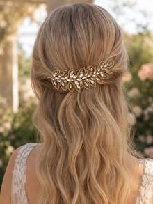 KOVLYNE 1pc Women's Elegant Gold Crystal Leaf Hair Comb, Sparkling Rhinestone Botanical Hair Accessory, Vintage Glamorous Hair Ornament, Suitable For Wedding, Bridal Styling, Graduation Prom, Party And Special Occasions - Champagne - View 1