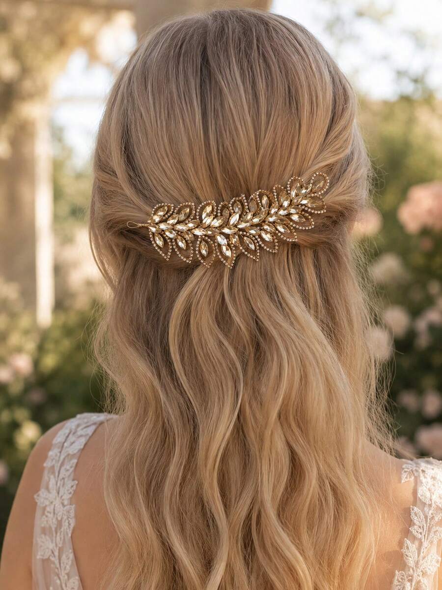 KOVLYNE 1pc Women's Elegant Gold Crystal Leaf Hair Comb, Sparkling Rhinestone Botanical Hair Accessory, Vintage Glamorous Hair Ornament, Suitable For Wedding, Bridal Styling, Graduation Prom, Party And Special Occasions - Champagne - View 1