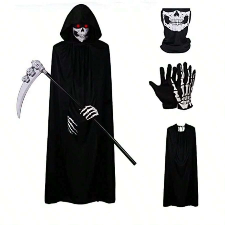 Halloween Horror Ghost Phantom Adult Cosplay Costume | Men's Hooded Robe Cloak Scythe Mask Gloves