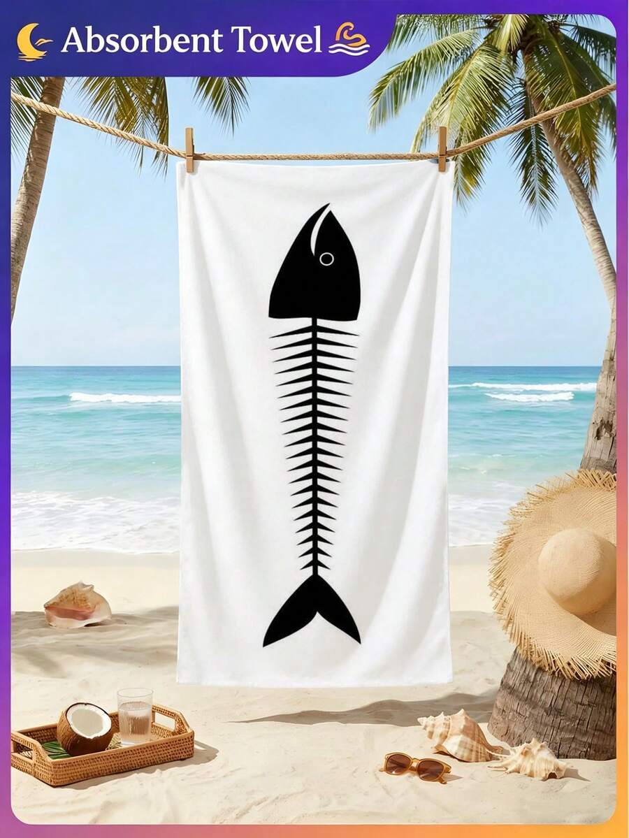 1pc Fish Bone Pattern Beach Towel, Sardine Lightweight Bath Towel, Suitable For Beach Bathing, Pool Party, Personalized Beach Gift, Summer Beach Gathering, Creating Summer Atmosphere, Beach Art Decor, Vacation Gift, Travel, Camping, Backpacking And Holiday Use. - Multicolor - View 1