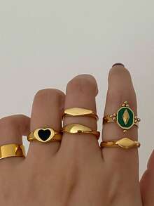 6pcs Emerald Green Heart Geometric Metallic Stackable Rings For Women - Golden C - View 1