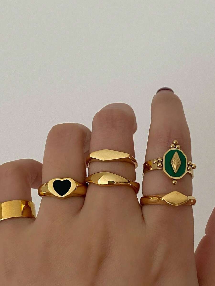 6pcs Emerald Green Heart Geometric Metallic Stackable Rings For Women - Golden C - View 1