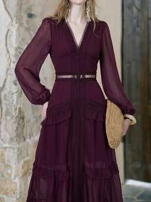 Women's Elegant Deep V-Neck Wedding Guest Long Sleeve Bohemian Vintage Fitted Lace Modest Dress, Fashionable Ruffle A-Line Hollow Out Dress Party - Redwood - View 4