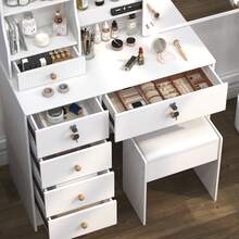 Teousev Dressing Table With LED Lights Mirror & Stool, Vanity Makeup Table With 5 Drawers, Open Storage Shelves, 3 Colour Adjustable Light, Lockable Drawers, White Cosmetic Desk For Bedroom - White - View 8