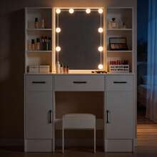Teousev Dressing Table With LED Lighted Mirror & Stool, Vanity Makeup Desk With Side Open Shelves, Drawers And Storage Cabinets, White Cosmetic Dressing Table Set For Bedroom - White - View 7