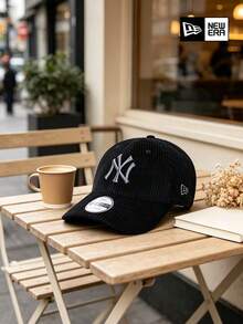 New Era Black NY Baseball Cap, Textured Embroidered Logo Curved Brim Hat, Adjustable Casual Streetwear Style, Unisex - Black - View 8
