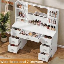 Teousev Dressing Table With LED Lighted Mirror, 7 Drawers & Open Side Storage Shelves, White Makeup Vanity Desk With Adjustable 3 Light Modes For Bedroom - White - View 3