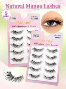 Asiteo 5 Pairs Cartoon Wet Fox/Cat Eye Style False Eyelashes, Full Strip Anime Style Eyelashes, Thin Transparent Band Invisible False Eyelashes, Suitable For Daily Commute - Black - View 1