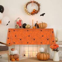 Tablecloth, 3PCS/1PC Halloween Theme Orange Spider Web Rectangular Party Tablecloth, Plastic Disposable Halloween Spider Web Tablecloth, Day Of The Dead Outdoor Halloween Party Decoration (Orange) 54" X 108" - Orange - View 5
