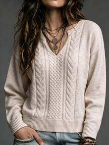 Sweater Rajut Kabel Warna Oatmeal Wanita, Leher V Setengah Terbuka, Pullover Lengan Panjang Longgar Bahu Jatuh Lembut Mirip Wol, Atasan Kasual Sehari-hari untuk Musim Gugur dan Musim Dingin - Aprikot - View 3
