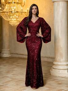 Women's V-Neck Backless Flare Sleeve Sequin Bodycon Party Dress - Burgundy - View 4