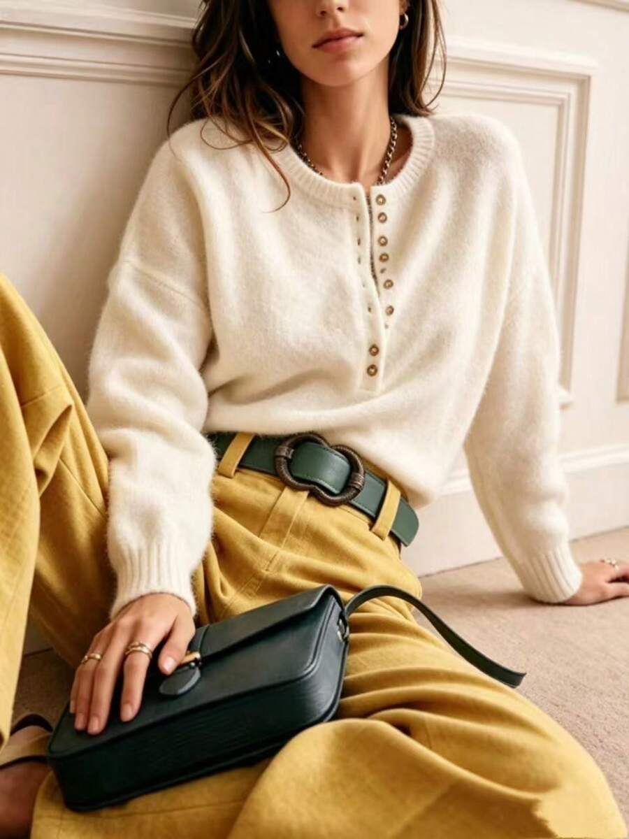 Women's Mohair Knit Sweater Pullover, Slouchy Round Neck Soft Fluffy Loose Design Solid Color Versatile Top Fall - Apricot Color - View 1
