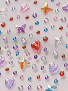 451pcs 3D Summer Rainbow Glitter Rhinestone Stickers, 2pcs Shiny Heart-Shaped Self-Adhesive Rhinestone Stickers, Heart Design Suitable For Makeup And Clothing, Multi-Color Diamond Face Decor For Festivals, Parties And Events - Multicolor - View 6