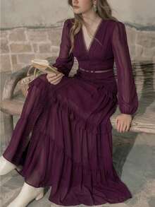 Women's Elegant Deep V-Neck Wedding Guest Long Sleeve Bohemian Vintage Fitted Lace Modest Dress, Fashionable Ruffle A-Line Hollow Out Dress Party - Redwood - View 6