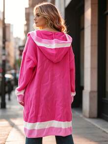 Elegant European & American College Style Plus Size Women's Knit Hooded Cardigan, Buttonless Open Front Pink Fall - Pink - View 6