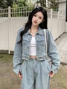 秋冬復古翻領水洗單排扣長袖牛仔夾克 - 藍色 - 查看 8