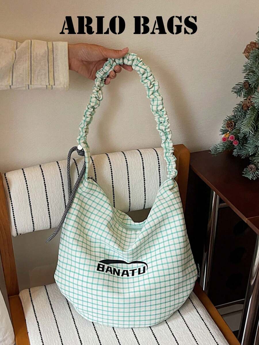 Bolso de hombro con estampado de patrón de cuadros texturizados, detalle de decoración de correa de hombro plisada, estilo casual y relajado, bolso de hombro en forma de media luna para mujer, bolso para uso diario, compras y viajes, bolso grande suave y relajado, bolso de hombro para combinar a diario - Verde - Ver 1