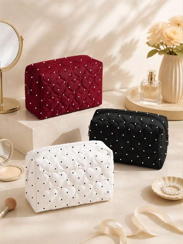 New Fashion Multi-Functional Heart Quilted Polka Dot Pattern Makeup Bag, Also Can Be Used As Student Pencil Case, Portable Toiletry Bag, Storage Bag, Can Hold Lipstick, Brushes, Skincare Products, Phone, Coins, Small Items, Sanitary Napkin Storage Bag, Multi-Purpose Home, Gift, Vacation And Holiday, Toiletry Bag, Student Makeup Bag, Halloween And Christmas Gift, Heart And Polka Dot Density Random