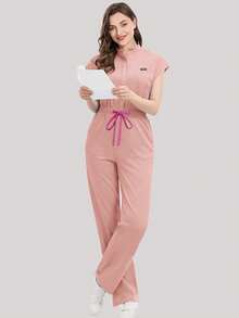Scrubs Set For Women Uniform With Pockets Zipper Stand Collar Drawstring Design Surgical Gown Set Clinic - Pink - View 5