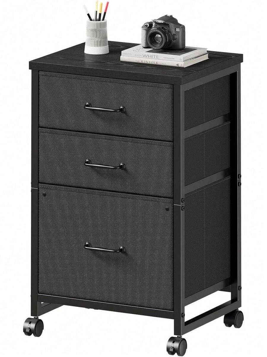 3 Drawer Mobile File Cabinet On Wheels Fits A4 Size For Home Office | Rustic Brown2, Fabric Vertical Filing Cabinet Fits Letter Size - Black - View 1