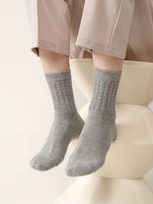 5/6 Pairs Men Cotton Grid Jacquard Crew Socks, Breathable Moisture‑Wicking Mid‑Calf Socks, Solid Color Soft Ribbed Cuff Casual Daily Socks For Men - Multicolor - View 11