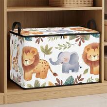 1pc Cute Jungle Wild Animal Print Fabric Storage Box, Foldable Zipper Storage Bin With Dual Handles, Suitable For Wardrobe And Bedroom Shelf Home Storage Container - Multicolor - View 1
