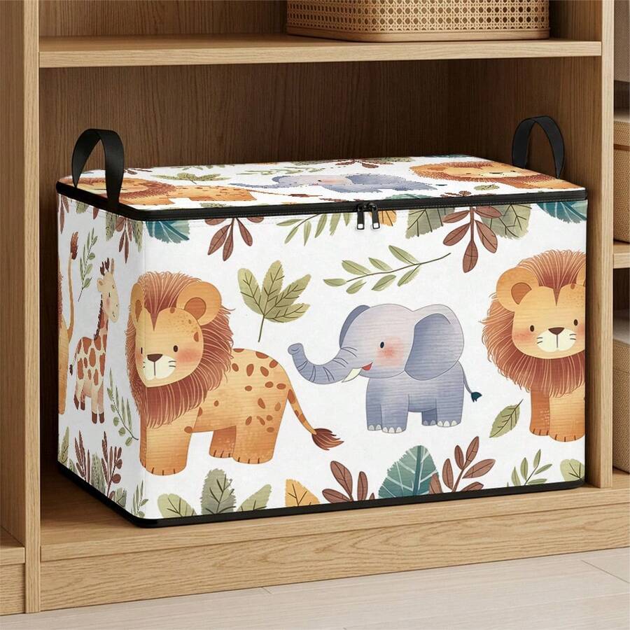 1pc Cute Jungle Wild Animal Print Fabric Storage Box, Foldable Zipper Storage Bin With Dual Handles, Suitable For Wardrobe And Bedroom Shelf Home Storage Container - Multicolor - View 1
