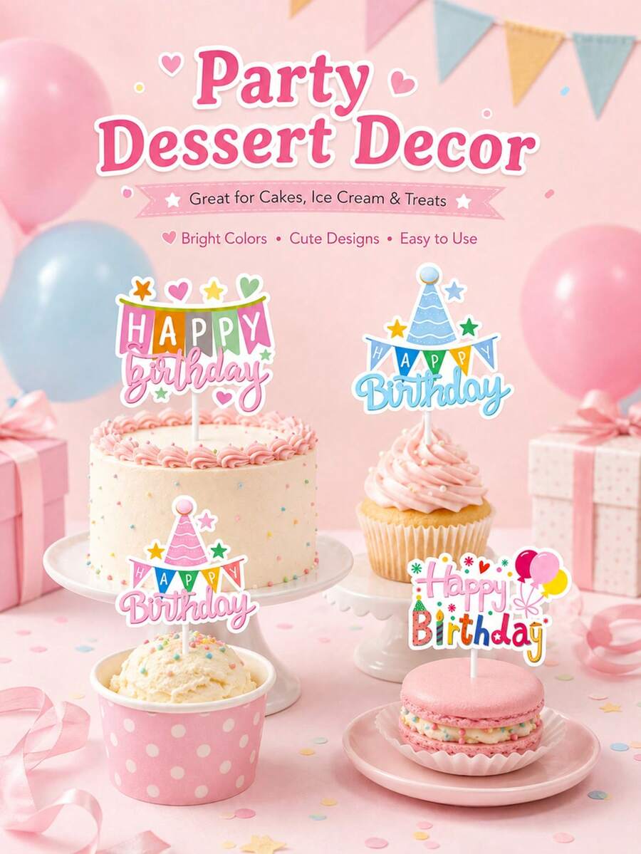 6pcs Cute Cartoon Happy Birthday Cake Topper Vibrant Dessert Table Decor - View 1