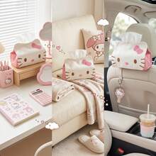 SANRIO 1個 Hello Kitty 粉色與白色圖案面紙盒，日系可愛軟布面紙收納盒，附蝴蝶結刺繡，適合臥室、客廳、辦公室、宿舍及返校裝飾 - 彩色 - 查看 3
