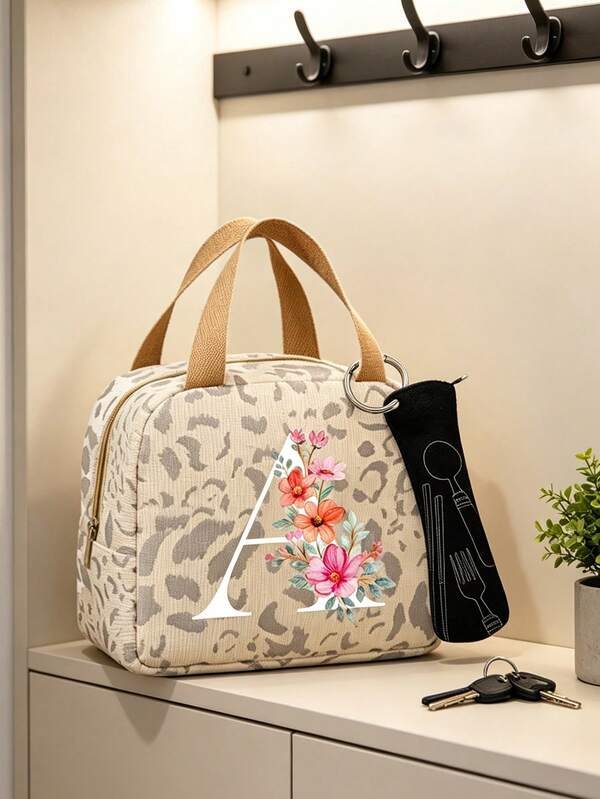 Personalized Letter Insulated Lunch Bag Set, Reusable Leak-Proof Insulated Bento Bag + Black Utensil Storage Bag, Large Capacity Portable Cold-Keeping Lunch Bag, Suitable For Women, Men, Teachers And Students. Applicable For Office, School, Commuting, Picnic, Beach, Camping And Travel, Can Store Bento, Drinks, Fruits And Utensils, Also Can Be Used As Classroom Storage Bag, School Storage Bag. Suitable For Back To School Season, Teacher Appreciation, Birthday, Christmas And Holiday Gifts.