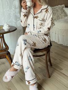2pcs/Set Women's Winter Striped Teddy Bear Pattern Plush Thickened Thermal Lined Turn-Up Collar Cardigan Long Sleeve And Long Pants Pajama Set, Simple And Fashionable - Apricot - View 4