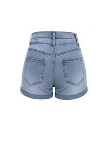 Women's Pocketed Ripped Hem Two-Button Basic Denim Shorts Casual Summer - Light Wash - View 6