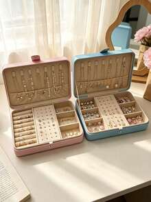 1pc Large Capacity Jewelry Box, PU Leather Jewelry Box, Portable Travel Jewelry Storage Box, Multi-Layer Jewelry Display Box, Compact Earring & Ring Box, Jewelry Organizer, Women's Gift Box, Travel Essential - Multicolor - View 7