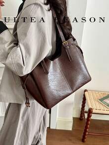 1pc Solid Color PU Leather New Women's Bag, Shoulder Bag, Tote Bag, Autumn/Winter New Style, Zipper Closure, Fashionable Square Handbag, Suitable For Commuting, Shopping, Dating - Coffee - View 4