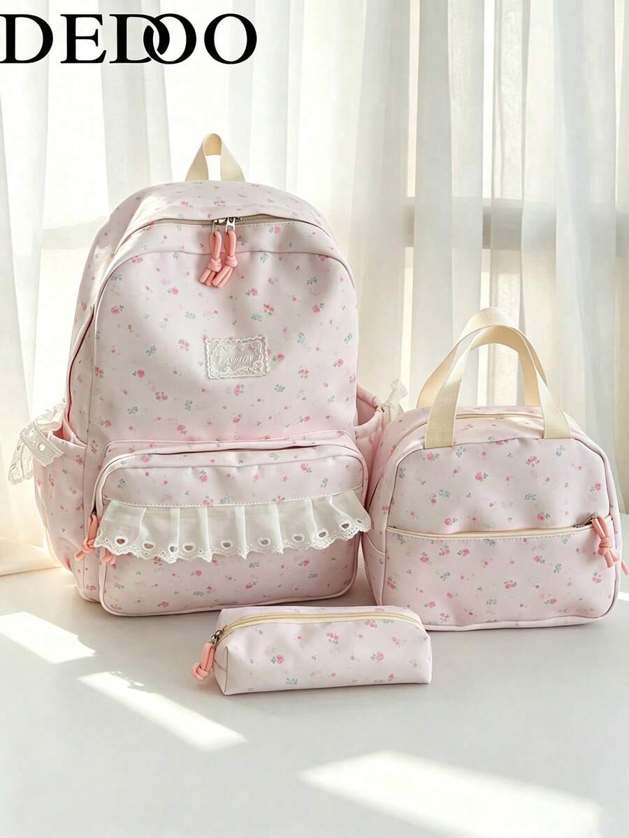 Dedoo 3pcs Backpack, Lunch Bag, Pencil Case Set, Full Floral Print, Waterproof Lace Trim Multi-Zipper Pockets, Large Capacity Storage, Suitable For Teenagers School Daily Use