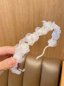 1件女童甜美珍珠花朵髮箍，百搭網紗花卉髮圈，高級髮飾 - 彩色 - 查看 2