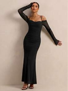 PARTHEA Gaun Maxi Mermaid Jala Hitam Elegan dengan Bahu Terbuka, Gaun Pesta Bodycon Berkerut dengan Tali Bahu Tipis dan Leher Bentuk Hati - Hitam - View 5