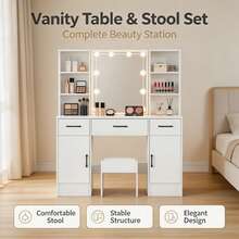 Teousev Dressing Table With LED Lighted Mirror & Stool, Vanity Makeup Desk With Side Open Shelves, Drawers And Storage Cabinets, White Cosmetic Dressing Table Set For Bedroom - White - View 4
