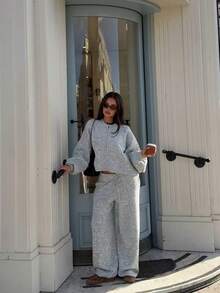 MORI Fall Winter Women Knitwear Y2K Minimalist Grey Fuzzy Zip Up Sweaters Cropped Jackets Drawstring Wide Leg Pants Lounge Sets Clothes - Light Grey - View 7