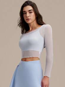 Women's Pilates 2 Pieces Set, Refreshing Sexy Mesh Floral Trim Fitness Long Sleeve Top - Baby Blue - View 5