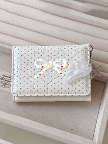 Cute Polka Dot 3-Fold Wallet With Bow Decor,Star Wing Charm,Portable Coin Purse & Card Holder,Compact Women's Short Purse,Daily Card Organizer - Multicolor - View 9
