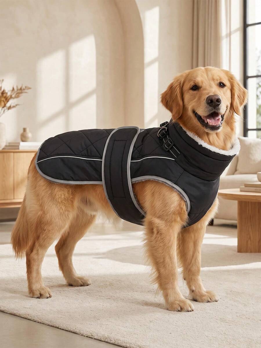 Dog Winter Coat, Thickened Warm Fleece Lining, Adjustable Pet Vest With Reflective Strip, Built-In Collar D-Ring, Outdoor Medium To Large Dog Jacket