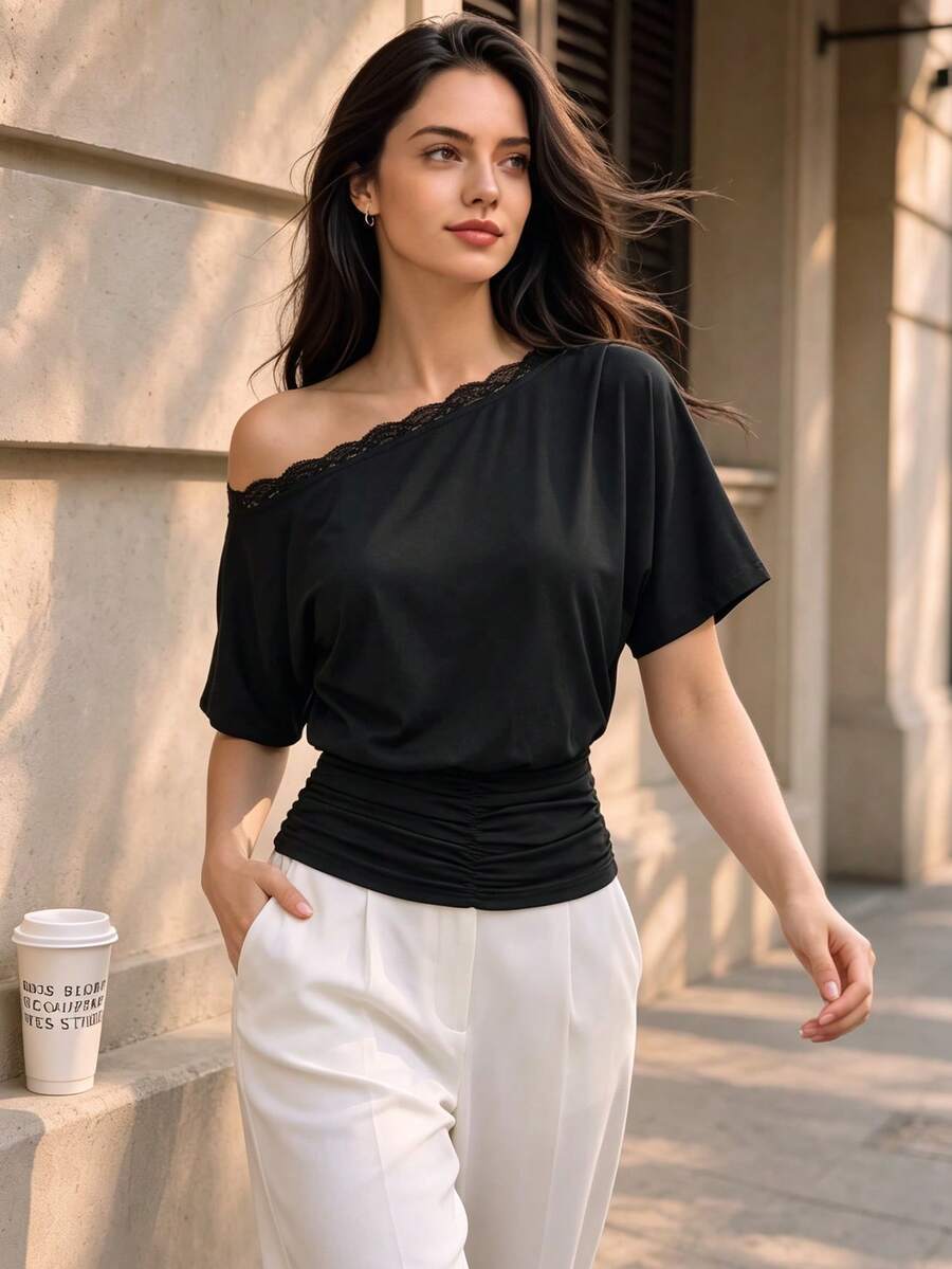 Women Fall Lace Trim One‑Shoulder Short Sleeve Top, Ruched Waist Batwing Sleeve Casual Blouse - Black - View 1