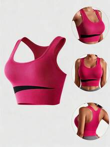 Runway Rest Women's Backless Ribbed Sports Bra, Magenta And Black Colorblock Mesh Quick-Dry High Support Yoga Crop Top, Suitable For Fitness Training - Multicolor - View 8
