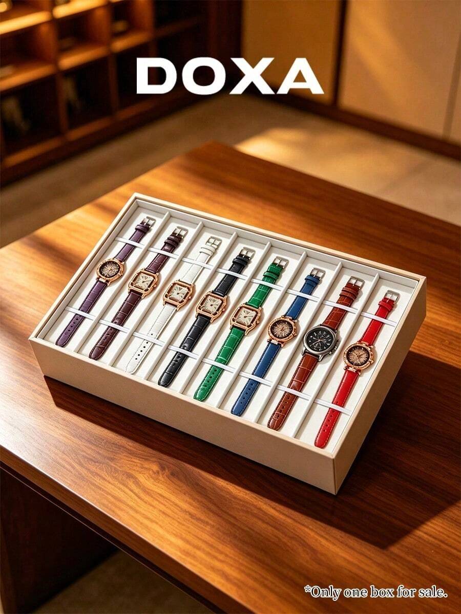 Caja de almacenamiento diario DOXA de 8 ranuras para relojes largos, con forro de felpa, caja de colección a prueba de polvo, adecuada para correas de reloj y pulseras - Beis - Ver 1