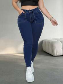 Plus Size Women's 9/10 Length Slim Fit Jeans, High Stretch Washed Denim With Button, Zipper And Pockets, Fashionable Autumn Pants - Deep Blue - View 4