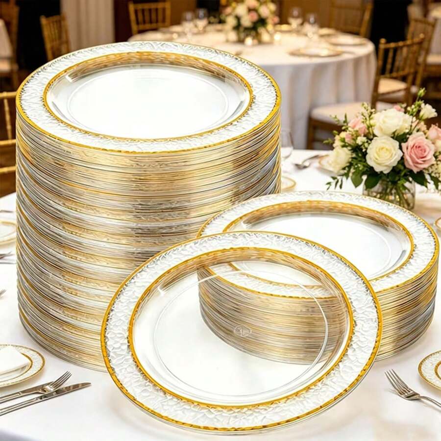 50/25/12/2PCS Hammered Pomegranate Dinner Plates, Double-Layered Gold Rim, Transparent Bottom With Gold Rim, Elegant Dessert Plate, Pasta Plate, Pizza Plate, Cake Plate, Salad Plate, Size 7.5 Inch/10.25 Inch, Reusable And Easy To Clean, Suitable For Outdoor Use, Party, Birthday, Wedding And Holiday Occasions. - Multicolor - View 1