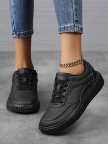 Sepatu Olahraga Kasual Unisex dengan Kotak Jari Kaki Lebar dan Blok Warna, Sepatu Skate Ringan Bertali untuk Berjalan Datar - Hitam - View 4