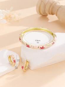 2pcs/Set Vintage Enamel Starfish Jewelry Set Gold Plated Bangle Bracelet Huggie Hoop Earrings Coastal Beach Jewelry For Women - Baby Pink - View 4